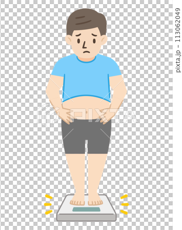 Illustration of an obese man standing on a scale 113062049