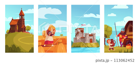 Hand drawn flat medieval scenes card set Hand drawn flat medieval scenes card set 113062452