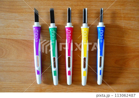 小学4年生が学校の図工授業で使うために購入した5本セットの彫刻刀。 113062487