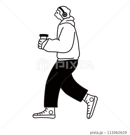 コーヒーを持って歩く男性の線画ベクター 113062629