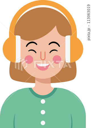 A girl wearing headphones and smiling. music day. 113063019