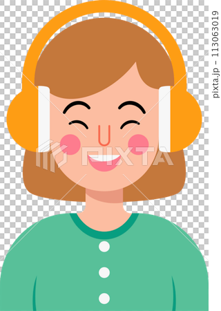 A girl wearing headphones and smiling. music day. 113063019