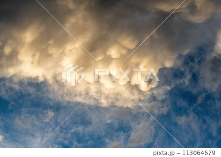 Undulating Mammatus Clouds Adorning the Vast Evening Sky Undulating Mammatus Clouds Adorning the Vast Evening Sky 113064679