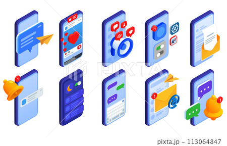 Isometric smartphones with social media notifications illustration collection Isometric smartphones with social media notifications illustration collection 113064847