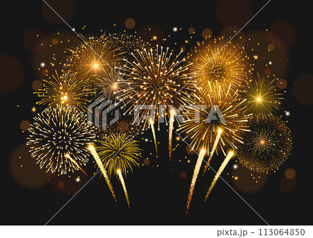 Realistic shiny fireworks background on dark sky for a festive day 113064850
