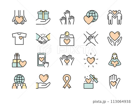 チャリティーやボランティアに関するラインアイコンのセット　カラー 113064938