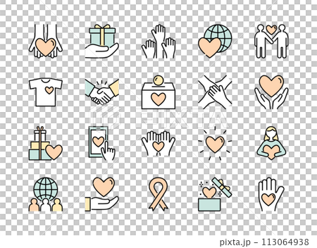 チャリティーやボランティアに関するラインアイコンのセット　カラー 113064938