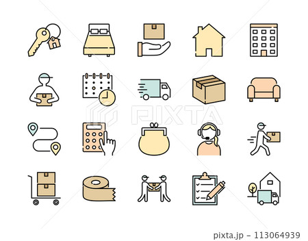 引越しに関するラインアイコンセット　カラー 113064939