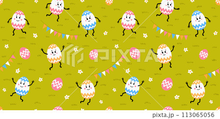 Happy Easter seamless pattern with cute egg characters on a green lawn. 113065056