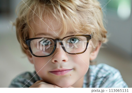 Young Boy Wearing Glasses Looking at Camera 113065131