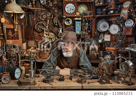 Old Man Surrounded by Clocks 113065215