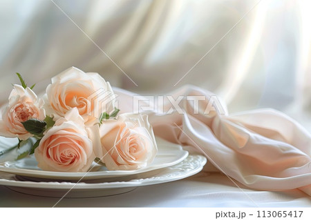 White Plate With Pink Roses on Table 113065417