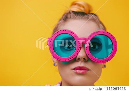 Woman Wearing Big Pink Glasses 113065428