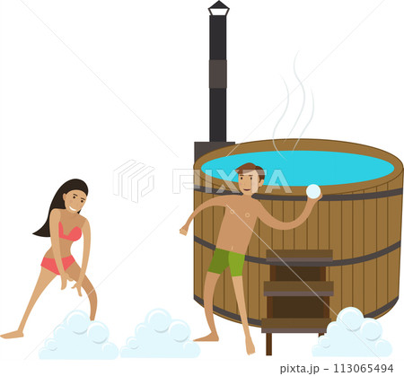 Couple playing snowballs after hot spring bath vector icon isolated on white Couple playing snowballs after hot spring bath vector icon isolated on white 113065494
