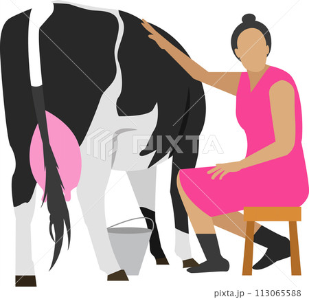 Milkmaid farmer milking cow vector icon isolated on white 113065588