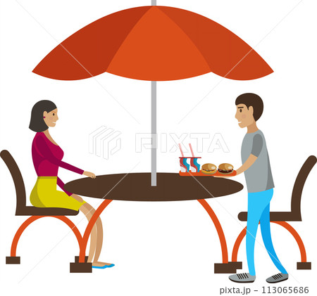 Couple snacking at outdoor bistro cafe vector icon isolated on white Couple snacking at outdoor bistro cafe vector icon isolated on white 113065686
