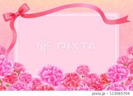 カーネーションとリボンのフレーム背景　レース模様　母の日 113065704