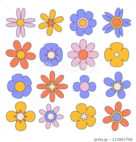 Retro Groovy geometric flowers set. Hippie psychedelic daisy stickers in vintage 1970 style. Vector Disco flowers isolated on white background with thin contour Retro Groovy geometric flowers set. Hippie psychedelic daisy stickers in vintage 1970 style. Vector Disco flowers isolated on white background with thin contour 113065706