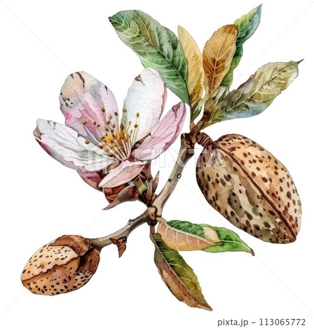 watercolor captures the delicate beauty of almond blossoms paired with ripe nuts watercolor captures the delicate beauty of almond blossoms paired with ripe nuts 113065772