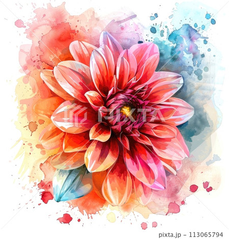 A dynamic watercolor artwork of a dahlia flower A dynamic watercolor artwork of a dahlia flower 113065794