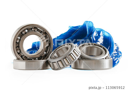 Grease and ball bearing, Blue premium quality synthetic lithium complex grease, high temperatures and machinery lubrication for automotive and industrial. Grease and ball bearing, Blue premium quality synthetic lithium complex grease, high temperatures and machinery lubrication for automotive and industrial. 113065912