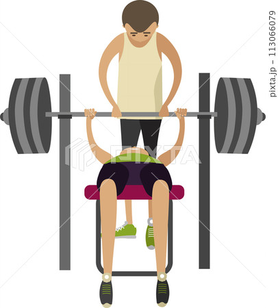 Man doing bench press using barbell with trainer help vector icon isolated on white Man doing bench press using barbell with trainer help vector icon isolated on white 113066079