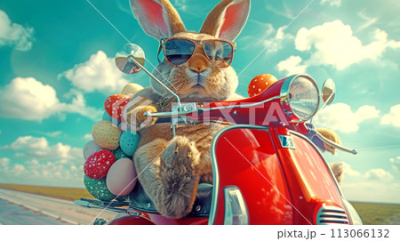 A cool rabbit on a red moped rides down the road with a bunch of Easter eggs. Generated AI 113066132