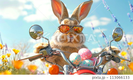 Portrait of bunny courier with a basket full of colored eggs. The Feast of Holy Easter. Generated AI Portrait of bunny courier with a basket full of colored eggs. The Feast of Holy Easter. Generated AI 113066133