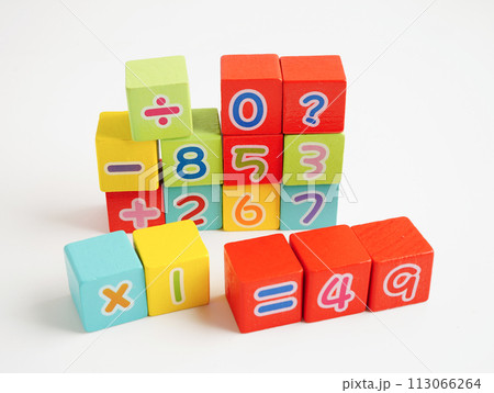 Number wood block cubes for learning Mathematic, education math concept. 113066264