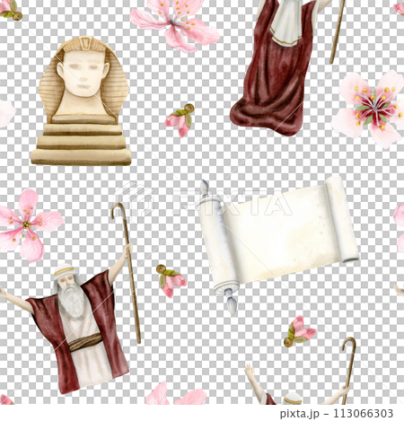 Egypt statue of Sphinx, Jewish prophet Moses and Torah scroll watercolor floral seamless pattern on white background for Passover Exodus concepts and Haggadah story 113066303