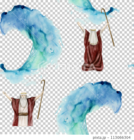 Exodus watercolor seamless pattern on white with Moses separating Red sea with waves hand drawn background for Passover Haggadah story greeting banners 113066304