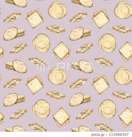Round and square matzah Passover bread watercolor seamless pattern on pastel pink background for the Jewish Pesach holiday with traditional kosher food Round and square matzah Passover bread watercolor seamless pattern on pastel pink background for the Jewish Pesach holiday with traditional kosher food 113066307