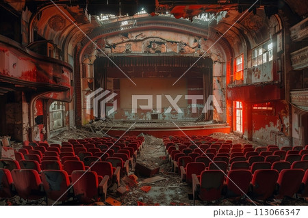 An abandoned cinema with an old worn out stage and broken seats. The theater is filled with debris from past years of use, creating an eerie atmosphere An abandoned cinema with an old worn out stage and broken seats. The theater is filled with debris from past years of use, creating an eerie atmosphere 113066347