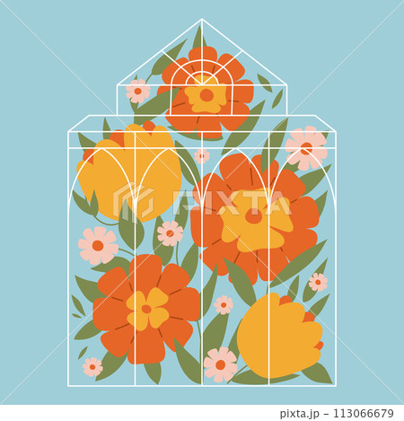 A greenhouse with flowers. Spring blooming glasshouse. Floral illustration 113066679
