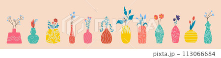 Set, a collection of abstract vase with flowers, plants different colors and shapes. Vector illustration 113066684