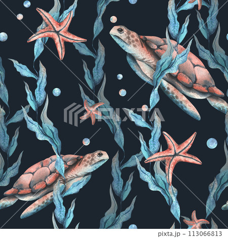 Underwater world clipart with sea animals whale, turtle, octopus, seahorse, starfish, shells, coral and algae. Hand drawn watercolor illustration. Seamless pattern on a dark background. Underwater world clipart with sea animals whale, turtle, octopus, seahorse, starfish, shells, coral and algae. Hand drawn watercolor illustration. Seamless pattern on a dark background. 113066813