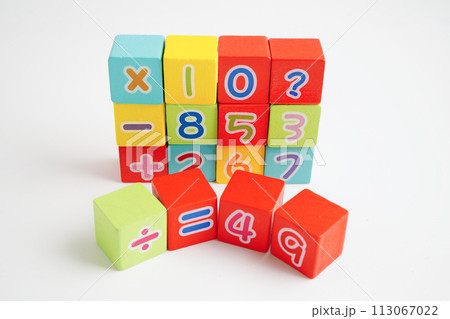 Number wood block cubes for learning Mathematic, education math concept. 113067022