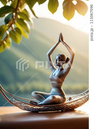Woman in yoga pose, bent wire figure on nature backdrop, Creative figures symbol of yoga and harmony, art and serenity intersection. Female fitness yoga routine concept. Healthy lifestyle. Woman in yoga pose, bent wire figure on nature backdrop, Creative figures symbol of yoga and harmony, art and serenity intersection. Female fitness yoga routine concept. Healthy lifestyle. 113067096