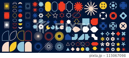 Brutalist abstract geometric shapes and grids. Brutal contemporary figure star oval spiral flower and other primitive elements. Swiss design aesthetic. 113067098