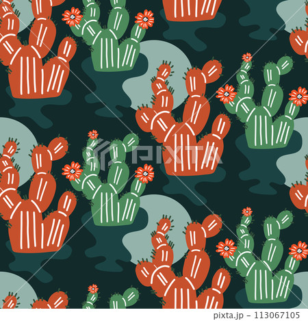 Vector drawing of seamless texture cactus in the desert with the sun for fashionable fabrics and prints 113067105