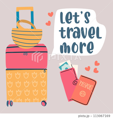 Illustration of the journey. Luggage, passport and wallet. Travel around the world. A message in a bubble. 113067169