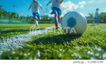 サッカーの試合でボールを追いかける子供 113067240