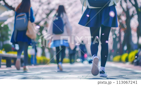 桜の咲く道を歩く女学生 113067241