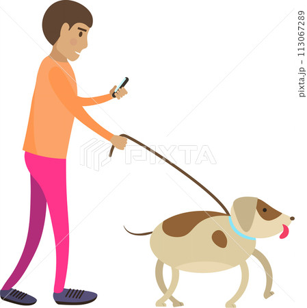Man using mobile phone chatting social media while waking dog vector icon isolated on white 113067289