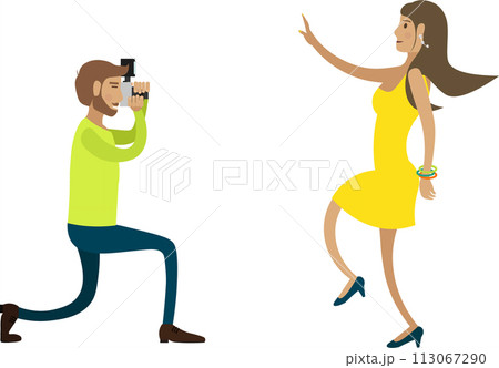 Paparazzi shooting popular show business star vector icon isolated on white Paparazzi shooting popular show business star vector icon isolated on white 113067290