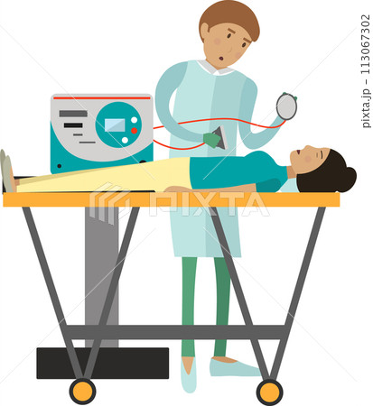 First aid for female patient at emergency department vector icon isolated on white First aid for female patient at emergency department vector icon isolated on white 113067302