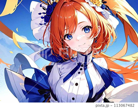 美少女 イラスト オレンジ髪 ショートヘアーのイラスト素材 [113067482