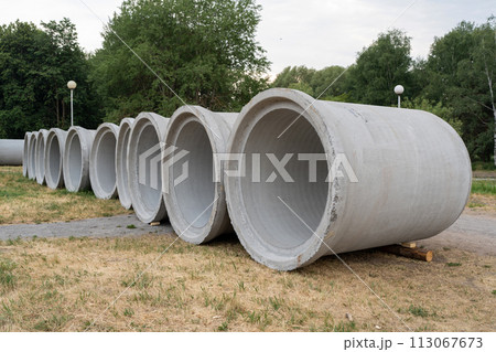 Concrete pipes at construction site 113067673