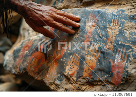 cave painting, the hand of an indigenous person touches an ancient stone with many palms depicted on it 113067691