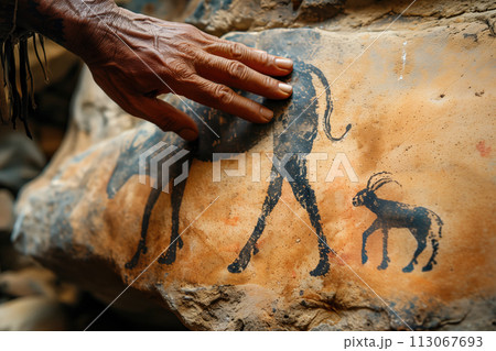 cave painting, the hand of an indigenous person touches an ancient stone with animals depicted on it 113067693